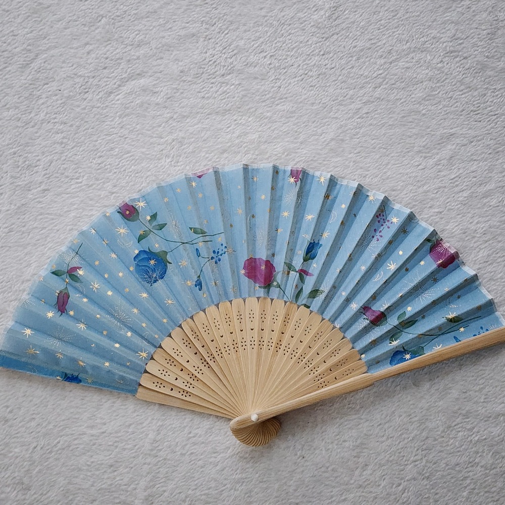 Folding Hand Fan Blue Floral Gold Stars Celestial Whimsigoth 8" Wood Compact
